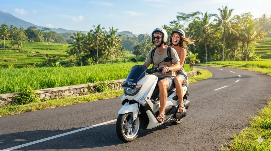 Two riders on a white scooter on a road through the rice fields in Bali